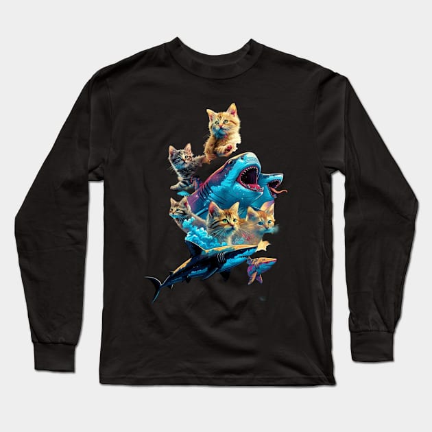 Cat Riding Shark Whiskered Discovery Long Sleeve T-Shirt by BilodeauBlue